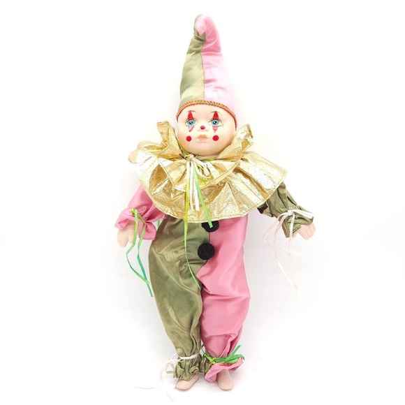 Fao Schwarz Vintage Porcelain‎ 18" Clown Doll Sad Paint Pink Green Collectible - Picture 1 of 6